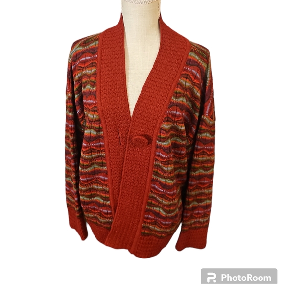 Sweater, red and multi colored. Kimono sleeves, made in Peru. 100% baby alpaca - Picture 1 of 7
